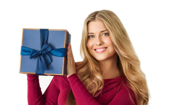 Holiday Present Happy Woman Holding Gift Luxury Beauty Box Subscription — Stockfoto