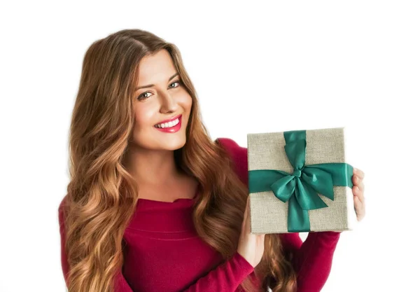 Christmas Holiday Present Happy Woman Holding Gift Luxury Beauty Box — Stock Photo, Image