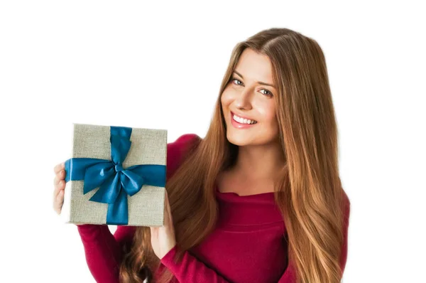 Christmas Holiday Present Happy Woman Holding Gift Luxury Beauty Box — Stock Photo, Image