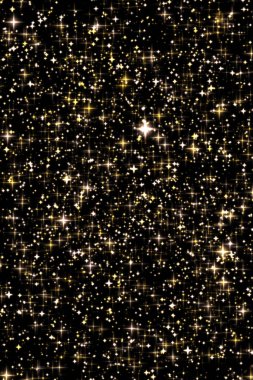 Altın bayram parıltısı ve ışıltılı örtüsü, yıldızlar ve siyah zemin üzerinde sihirli parıltı dokusu, lüks ve cazibe tasarımları için altın yıldız toz parçacıkları