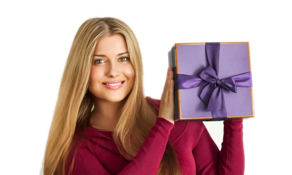 Holiday Present Happy Woman Holding Gift Luxury Beauty Box Subscription — Zdjęcie stockowe