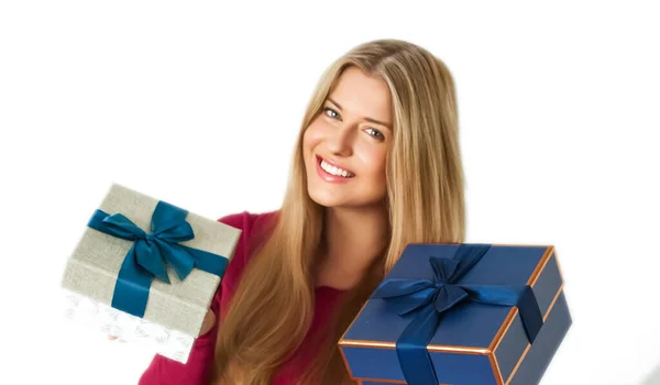 Birthday Christmas Gifts Holiday Present Happy Woman Holding Gift Boxes — Stock Fotó