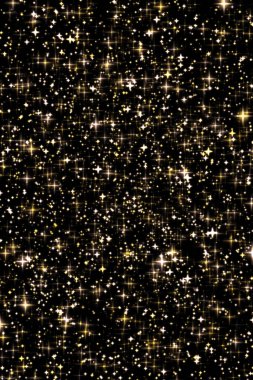 Altın bayram parıltısı ve ışıltılı örtüsü, yıldızlar ve siyah zemin üzerinde sihirli parıltı dokusu, lüks ve cazibe tasarımları için altın yıldız toz parçacıkları