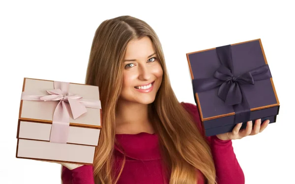 Birthday Christmas Gifts Holiday Present Happy Woman Holding Gift Boxes — Stockfoto