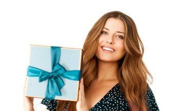Birthday, Christmas or holiday present, happy woman holding a blue gift or luxury beauty box subscription delivery isolated on white background, portrait