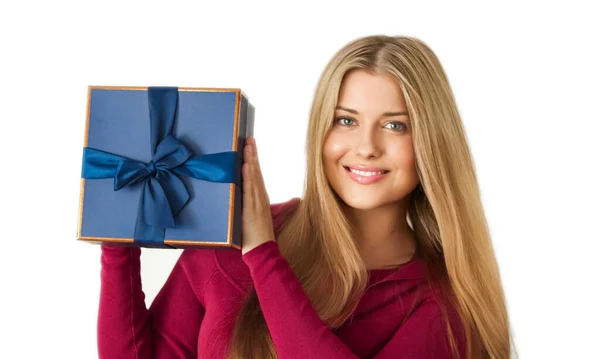 Holiday Present Happy Woman Holding Gift Luxury Beauty Box Subscription — Fotografia de Stock