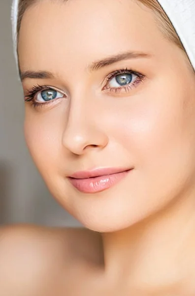 Skin care and beauty routine, beautiful woman with white towel wrapped around head, skincare cosmetics and face cosmetology, close-up portrait