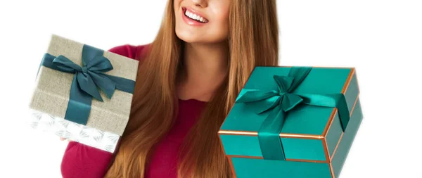 Birthday Christmas Gifts Holiday Present Happy Woman Holding Gift Boxes — Stock Fotó