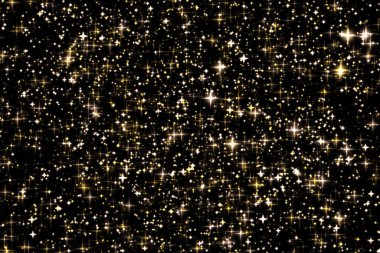 Altın bayram parıltısı ve ışıltılı örtüsü, yıldızlar ve siyah zemin üzerinde sihirli parıltı dokusu, lüks ve cazibe tasarımları için altın yıldız toz parçacıkları