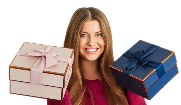 Birthday Christmas Gifts Holiday Present Happy Woman Holding Gift Boxes — Stockfoto