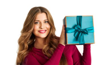 Birthday, Christmas or holiday present, happy woman holding a blue gift or luxury beauty box subscription delivery isolated on white background, portrait