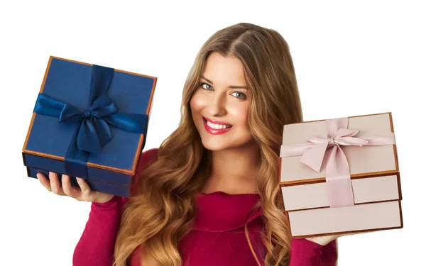 Birthday Christmas Gifts Holiday Present Happy Woman Holding Gift Boxes — Photo