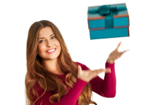Birthday Christmas Holiday Present Happy Woman Holding Blue Gift Luxury — Stockfoto