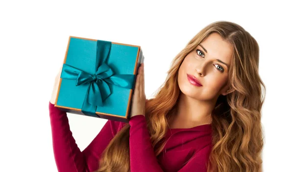 Birthday Christmas Holiday Present Happy Woman Holding Blue Gift Luxury — Stock Fotó