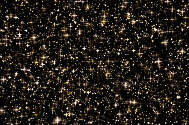 Altın bayram parıltısı ve ışıltılı örtüsü, yıldızlar ve siyah zemin üzerinde sihirli parıltı dokusu, lüks ve cazibe tasarımları için altın yıldız toz parçacıkları