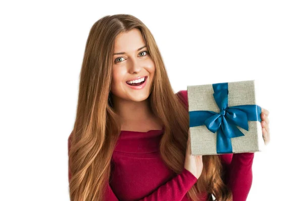 Christmas Holiday Present Happy Woman Holding Gift Luxury Beauty Box — Stock Photo, Image