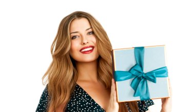 Birthday, Christmas or holiday present, happy woman holding a blue gift or luxury beauty box subscription delivery isolated on white background, portrait