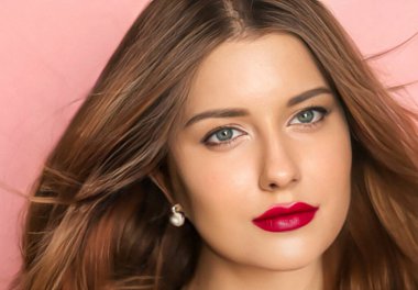 Güzellik, makyaj ve saç stili, kırmızı rujlu güzel bir kadın pembe arka planda gelin makyajı, moda ve cazibeli bir yüz ifadesi makyaj malzemesi, cilt bakımı ve saç bakımı için.