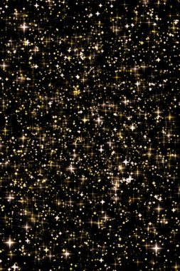 Altın bayram parıltısı ve ışıltılı örtüsü, yıldızlar ve siyah zemin üzerinde sihirli parıltı dokusu, lüks ve cazibe tasarımları için altın yıldız toz parçacıkları