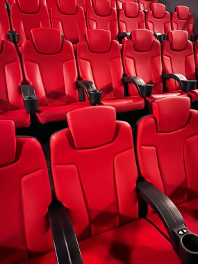 Sinema ve eğlence, televizyon şovu için boş kırmızı sinema koltukları ve film endüstrisi markalaşması