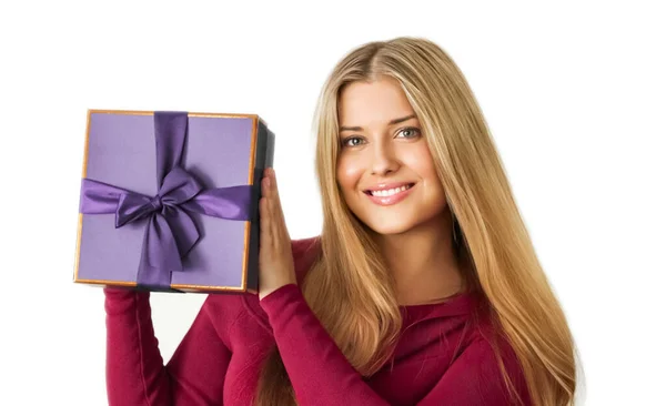 Holiday Present Happy Woman Holding Gift Luxury Beauty Box Subscription — Fotografia de Stock