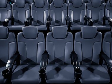 Sinema ve eğlence, televizyon şovu için boş karanlık sinema koltukları ve film endüstrisi markalaşması.