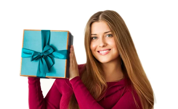 Birthday Christmas Holiday Present Happy Woman Holding Blue Gift Luxury — Fotografia de Stock