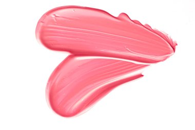 Pastel mercan güzellik örneği, cilt bakımı ve makyaj malzemesi dokusu beyaz arka planda izole edilmiş, makyaj lekesi, krem kozmetik lekesi ya da boya fırçası darbesi yakın çekim
