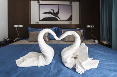 galapagos Adaları otel odasında iç. iki kuğu şeklinde yapılmış keten