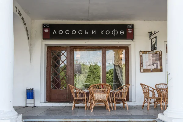 Legrační "losos a káva" café v Suzdalu, Rusko — Stock fotografie