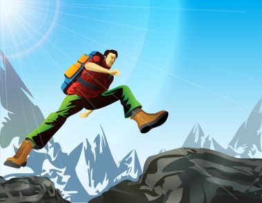 Man with backpack jump in mountains clipart