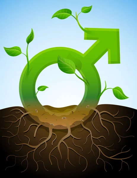 Simbolo maschile crescente come pianta con foglie e radici — Vettoriale Stock
