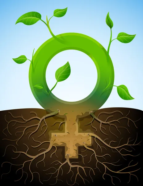 Crescer símbolo feminino como planta com folhas e raízes — Vetor de Stock