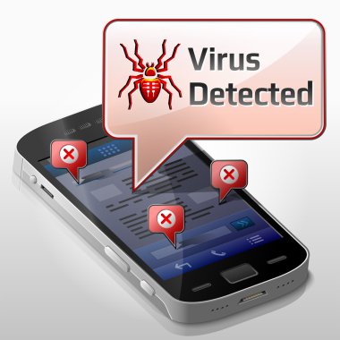 Smartphone with message bubble about computer virus clipart