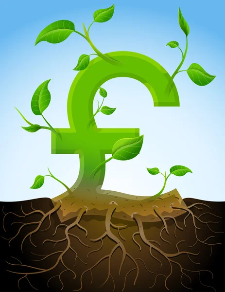 Growing pound sterling symbol like plant with leaves and roots — Stock Vector