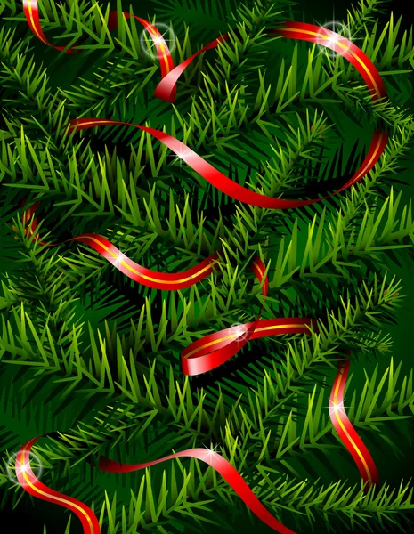 Kerstboom takken en decoratieve lint. vector achtergrond — Stockvector