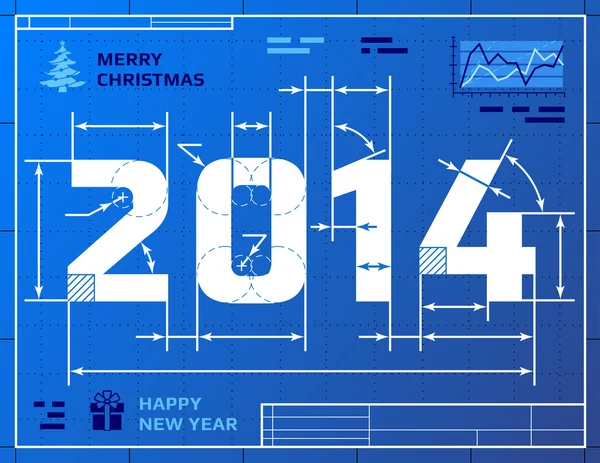 Karta nového roku 2014 jako blueprint, kresba — Stockový vektor