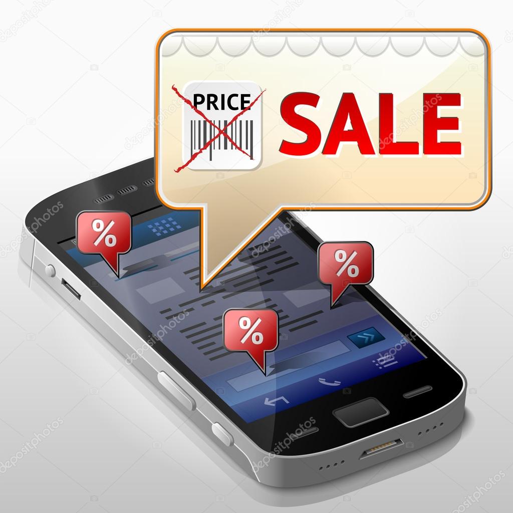 Smartphone with message bubble about sale