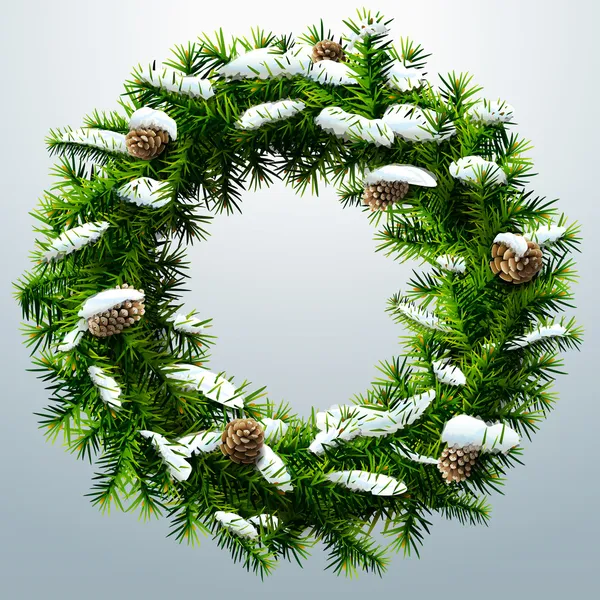 Couronne de Noël avec pommes de pin et neige — Image vectorielle