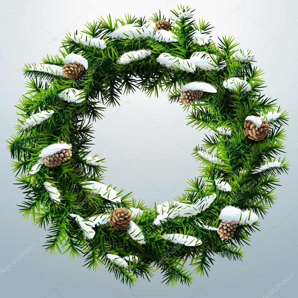 Christmas wreath with pinecones and snow