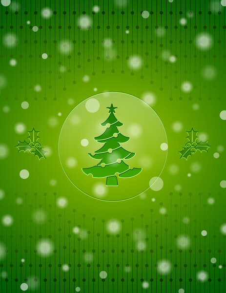 Christmas snow background with christmas tree and holly berry