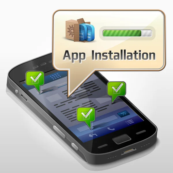 Smartphone com bolha de mensagem sobre a instalação do aplicativo — Vetor de Stock