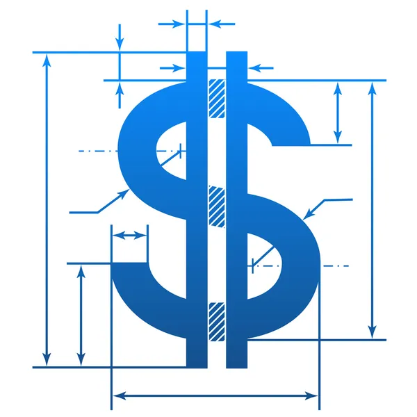 Simbolo dollaro con linee dimensionali — Vettoriale Stock