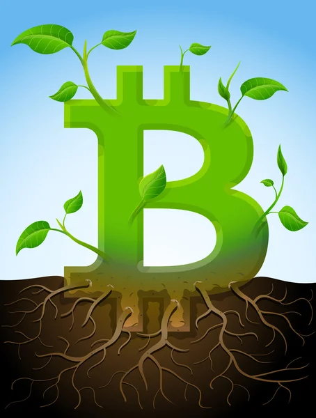 Creciendo símbolo bitcoin como planta con hojas y raíces — Vector de stock