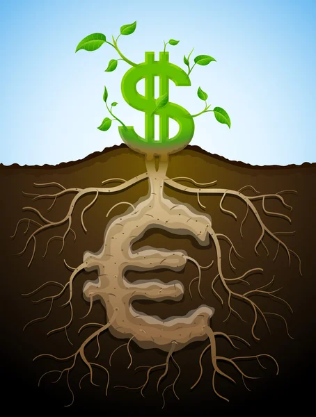 Signo de dólar creciente como planta con hojas y signo de euro como ro — Vector de stock