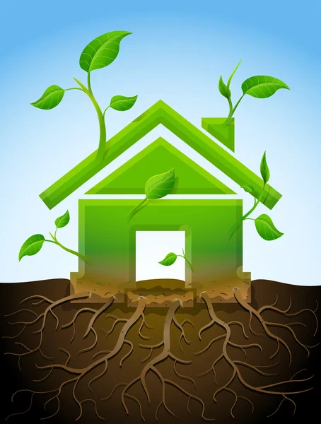 Símbolo de casa en crecimiento como planta con hojas y raíces — Vector de stock