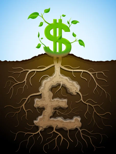 Growing dollar sign like plant with leaves and pound sign like r — Stock Vector