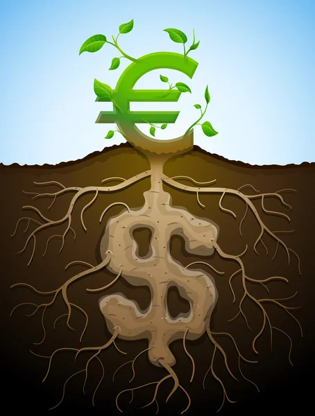 Creciente signo de euro como planta con hojas y signo de dólar como ro — Vector de stock