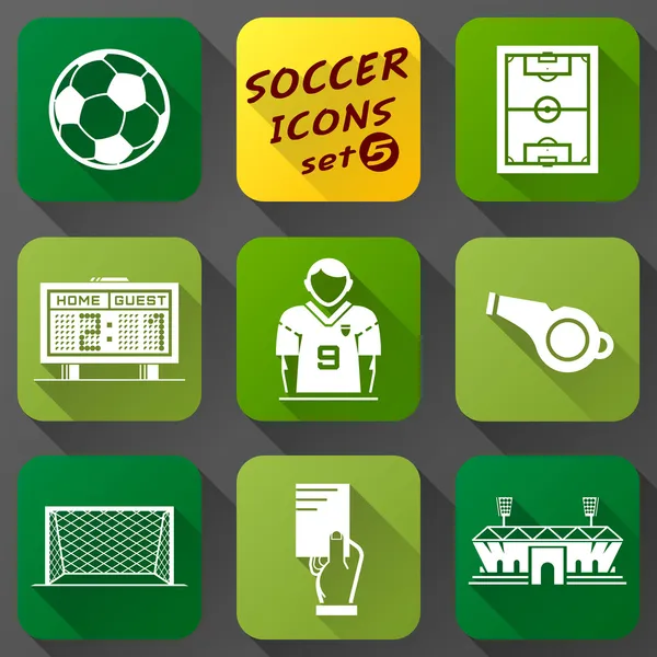 Conjunto de iconos planos de elementos de fútbol — Vector de stock