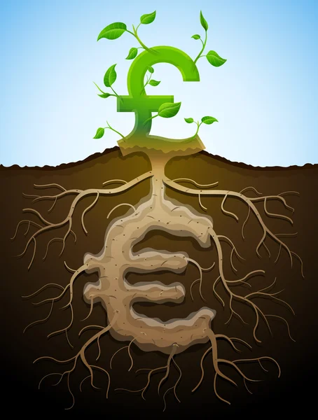 Crescendo sinal de libra como planta com folhas e euro como raiz —  Vetores de Stock